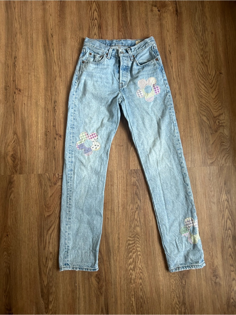 Levi’s 501 150th Anniversary Edition W24 L33 Patchwork Daisy Flower Light Wash S
